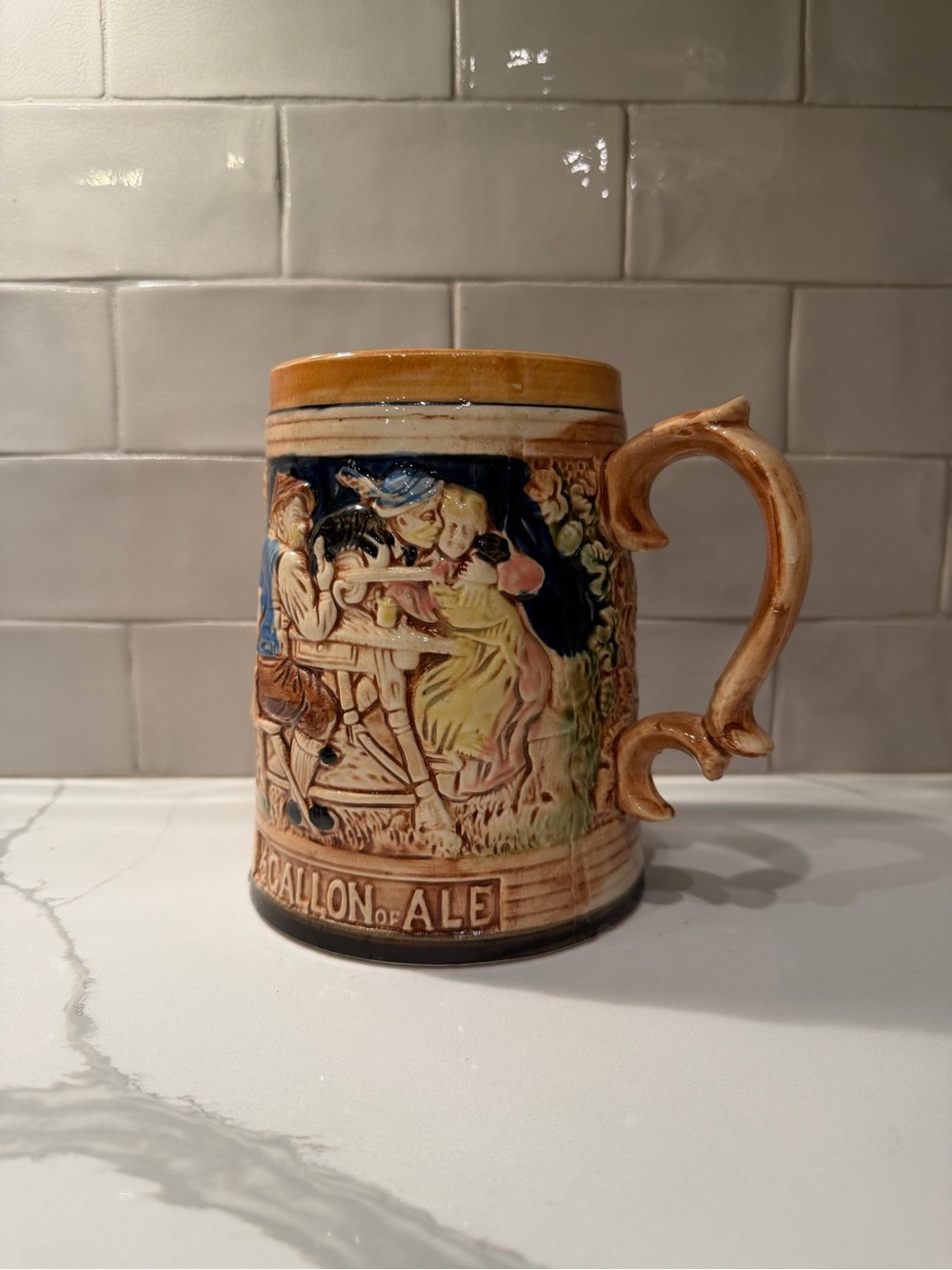 Hand-Painted Ceramic Ale Stein in Tan, Blue and Green